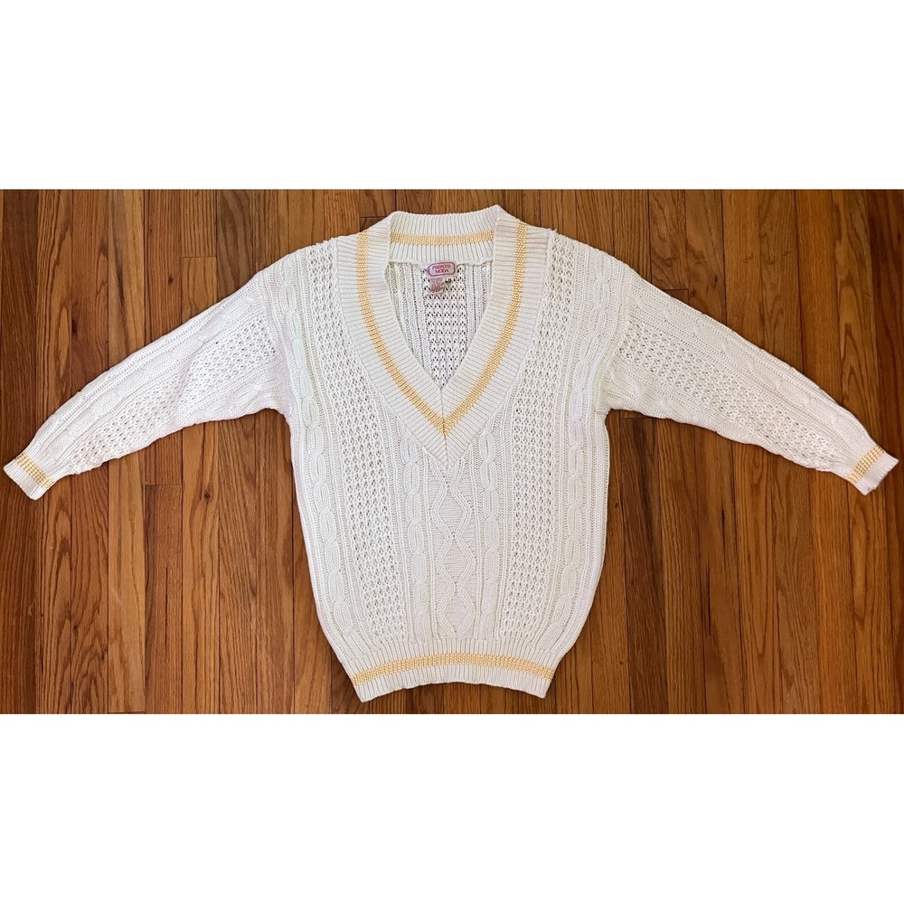 Vintage 1980s Pronto Moda White & Gold V-Neck Preppy Sweater Women M